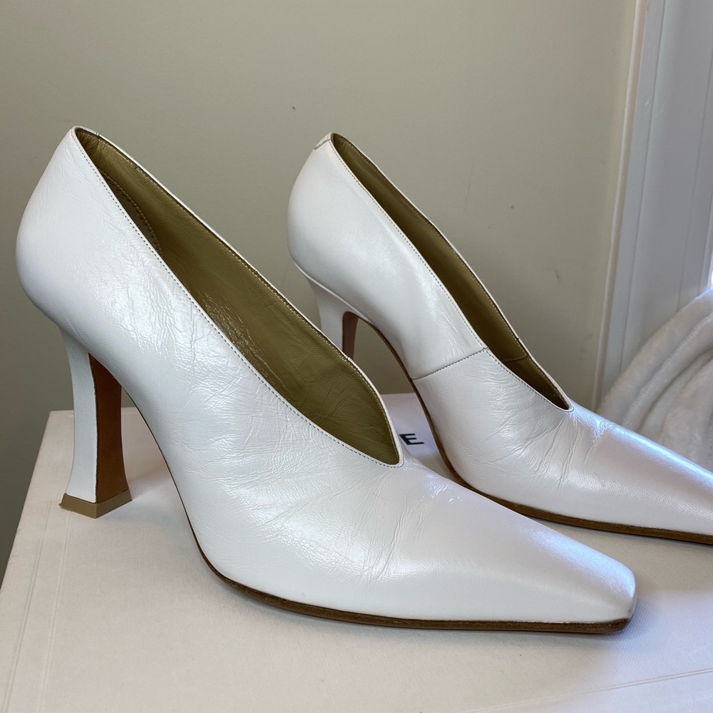 Celine Shiny Shite Leather Square Toe Madame Pump
